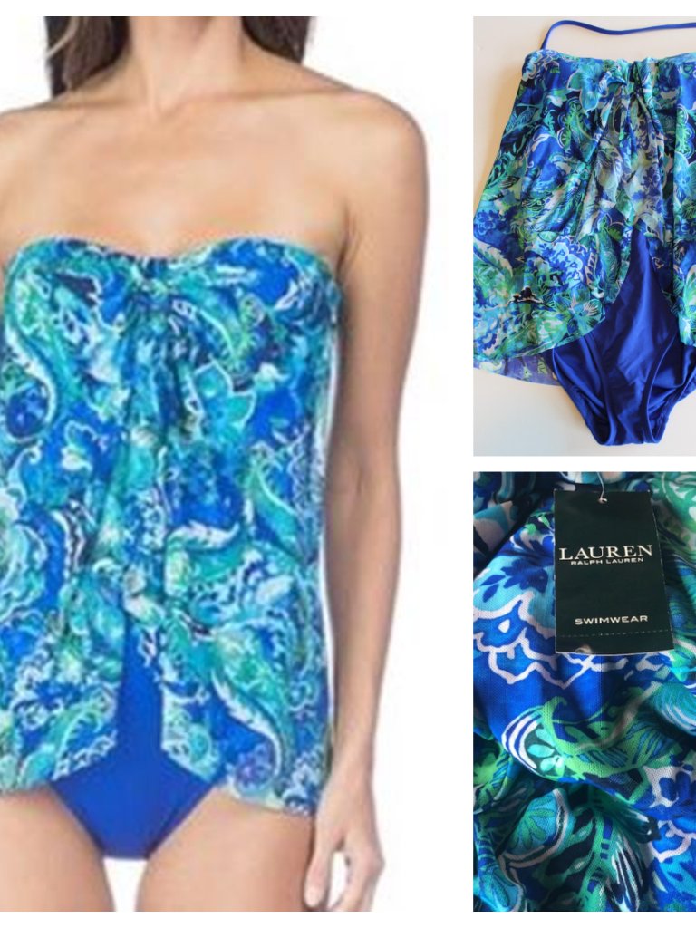 Ralph Lauren Flyaway Slimming One Piece Swimsuit Paisley Floral Blue Sz 4 Nwt